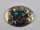 Native American Silver Tone Belt Buckle Turquoise Coral Eagle   Buffalo Nickel