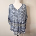 Style   Co Women s Top S Peasant Retro Scarf Print Pintuck Pleated Blue Sheer