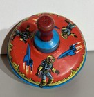 2 Vtg 1960 s Ohio Art Tin 5  Spinning Tops Space Boys   Flower Girls Used Lot