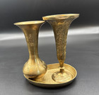 Set Of 3 Vintage Solid Brass Etched Floral Trinket  Dish   2 Bud Vases Decor