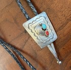 Vintage Navajo Indian Sterling Silver Coral  Turquoise Bolo Tie Signed Spencer