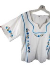 Mexican Embroidered Blouse White Cotton Blue Floral Details Sz 40 l