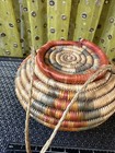 Vintage Hand-woven Coiled Basket With Lid Gold Cord Multicolor Accents 7 
