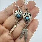 Vintage Shadowbox Bear Paw Turquoise Earrings Sterling Silver Feather Dangles