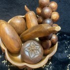 Vintage Mcm Monkey Pod Wood Fruit Bowl And Hand Carved Wooden Fruit