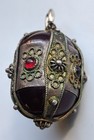 Antique Silver Gilt Garnet Filigree Egg Pendant Charm     Vintage Russian Style