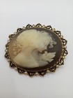 Vintage Cameo Brooch Victorian Ladies   Dove Seed Pearls Black Resin Background