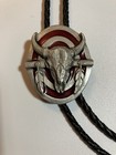 Siskiyou Buckle Co  Bolo Tie Bull Cow Steer W  Feathers  Pewter Red Vintage 1987