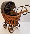 Doll Buggy Carriage Stroller Wood Wicker Metal Black Canvas Top Lining Antique