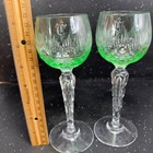 Val Saint Lambert Antique Cut Crystal Wine Glasses Green Cut To Clear Pair 7inch