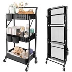 3-tier Metal Rolling Cart Foldable Storage Utility Cart W  Wheels Hooks   Cups