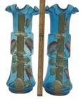 Antique Victorian Bristol Glass Vase Pair Blue Ruffle Hand Painted Flower Vine