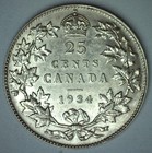 1934 Canada Silver Twenty Five Cents Almost Uncirculated 25c Coin Au George V