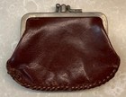Vintage Brown Genuine Leather Double Kiss Lock Coin Purse 4 1 4  X 3 1 4 