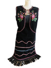 Vintage European Black Velvet Embroidered Folk Vest   Long Fringed Apron Size M