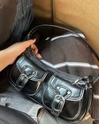 Vintage Black Rare Patent Crescent Shoulder Bag Buckle Stitching Accent Silver 