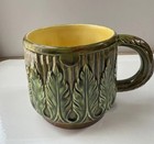1972 Vintage Retro 70s Coffee Mug Cup Leaf Textured Green Tiki Art Pottery