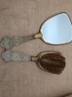 Vintage Hand Held Vanity Mirror And Hair Brush Set Blue Floral Clear Plastic