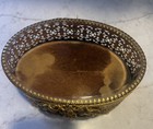 Vintage Ormolu Jewelry Casket Beveled Glass Lid Gold Filigree Trinket Box Footed