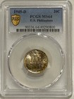 1945 D Us Philippines Silver 20 Centavos Pcgs Ms64 Beautifully Toned gold Shield