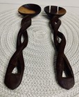 Vtg Hand Carved Olive Wood Salad Serving Set Barley Twist Handle Spoon fork Nice