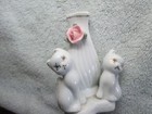 Vintage White Porcelain Cats With Pink Rose Bud Vase