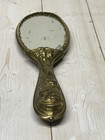 Vintage Porcelain Hand Painted Floral Brass Victorian Beveled Glass Hand Mirror