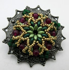 Vtg Brushed Gold Silver Tone Metal Purple Green Bead Floral Brooch Pin Jewelry