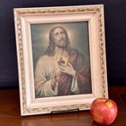 Vtg Catholic Devotional Sacred Heart Of Jesus Christ 50s Framed Litho Art Print