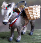 Vtg 3 5  Handmade Donkey Burro Figurine Gold Saddle Reins Baskets Real Goat Fur 