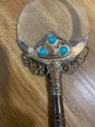 Ornate Handheld Magnifying Glass Wood Handle Turquoise Accents Vintage Style