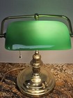 Vtg Bankers Lamp Desk Library Emerald Glass Shade Gold Tone Base Pull Chain