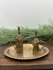Mini Brass Coffee Pot Set     3    Dallah Pitchers On Tray     Vintage Middle Eastern