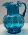 Vintage Collectible  Hand Blown Victorian Blue Pitcher Enamel Hand Painted 