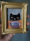 Print Of My Art Black Cat And Fish  funny cute miniature Painting small  Framed