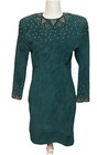 Vintage Pia Rucci Green Leather Suede Fitted Dress Gold Bead Accent Size 12