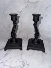 Vintage Pair Emig Eagle Cast Metal Black Candlestick Holders  1345b
