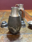 Vintage Japanese Tin Pewter Sake Cup   Bottle Set Artist Mark