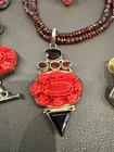 Vtg Chinese Export Carved Cinnabar Sterling Necklace earrings  Bracelet ring Set