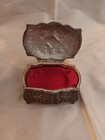 Mini Vintage Brass Trinket Box With Red Velvet Lining  Hinged footed