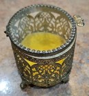 Vintage Ormolu Jewelry Trinket Box Casket Oval Beveled Glass Footed Filigree