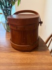 Antique Primitive Wooden 10 Inch Firkin Sugar Bucket With Swing Handle And Lid