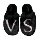 Victoria s Secret Soft Plush Closed Toe Faux Fur Black Vs Logo Slippers Nwt