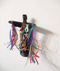 Mexican Santos Hand Carved Tinted Wood Statue San Charbel W Ribbons   Milagros