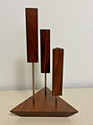 Vintage Set Of 2 Danish Modern Mcm Candle Holders Triangle Shaped Walnut   Brass