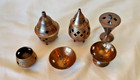 Vintage Lot Of 6 Indian Brass Incense Burners   Diyas     3 Lidded   3 Open Etched