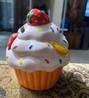 Ceramic Frosted Cupcake With Strawberry Top Coin Bank Vintage  4   