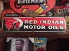 Large Vtg Red Indian Gasoline Porcelain Sign - Gas Motor Oil Pump Service Sign
