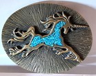 Vintage Oval Belt Buckle Rare Solid Metal Brass With Unicorn Design In Turquoise