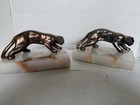 Vtg Art Deco Style Pair Bronze Panther Bookends On White Onyx Orange Vein Base